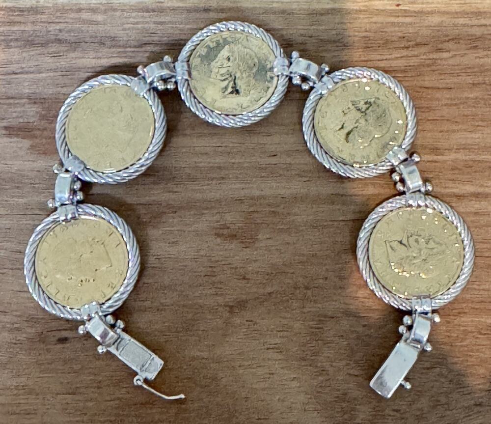 Vintage Italian Sterling Silver Bracelet Five Genuine Italian 20 Lire Coins 44g